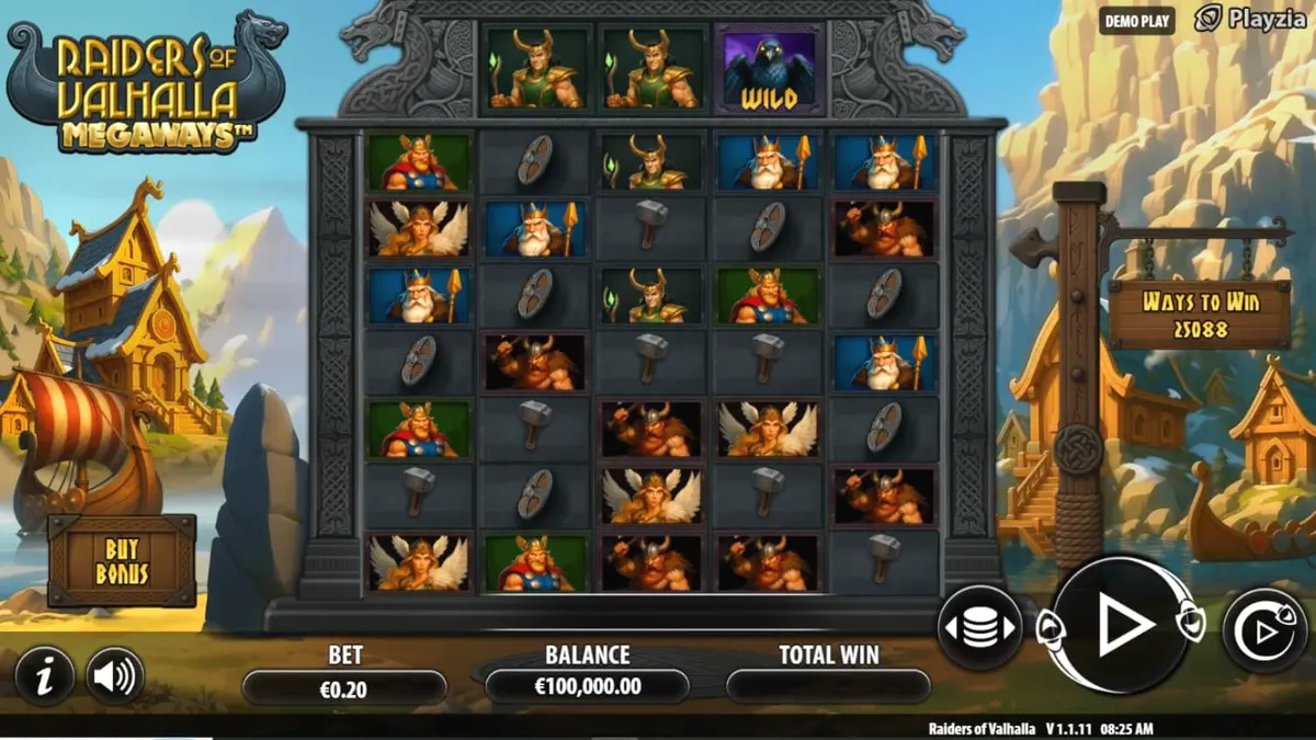 Interface do jogo Raiders of Valhalla Megaways com temática nórdica e símbolos de guerreiros